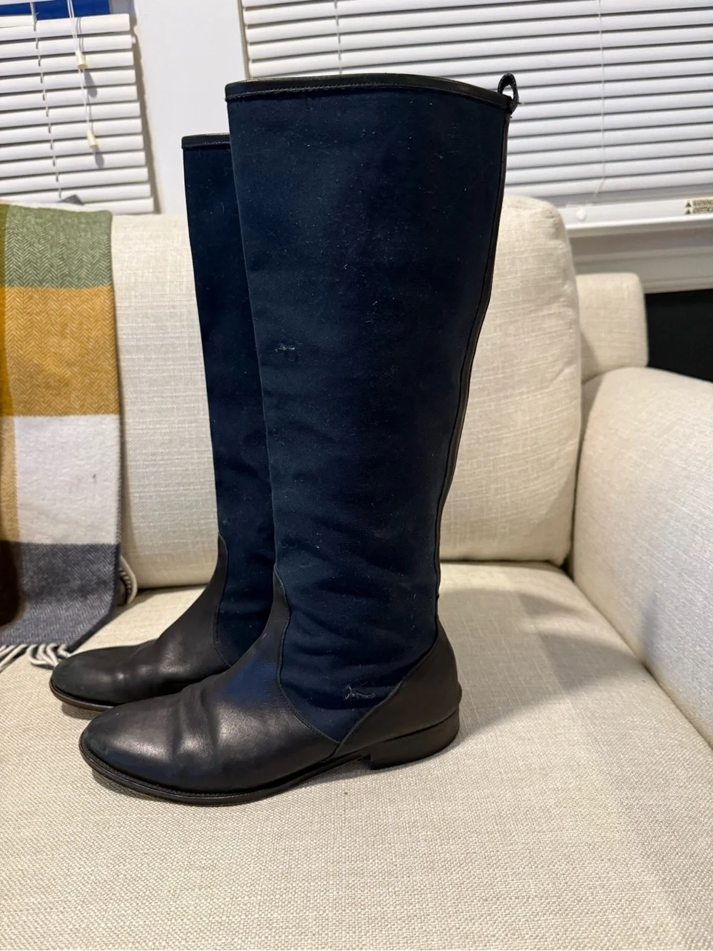 J Crew Canvas Navy and Black Classic Tall Riding Boots - Size 8